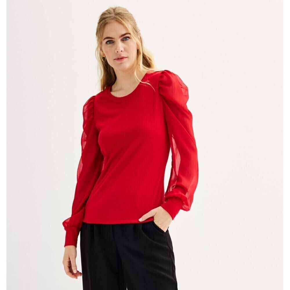 Women's Nine west long sleeves red blouse neck top scoop puff crewneck Size S